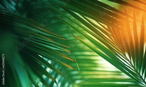 Palm leaves wallpaper. Sunny tropical background. For banner, postcard, book illustration. Created with generative AI tools © Lidok_L