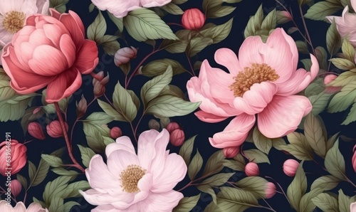 Pattern with rose on black background. Flower garden wallpaper. For banner, postcard, book illustration. Created with generative AI tools