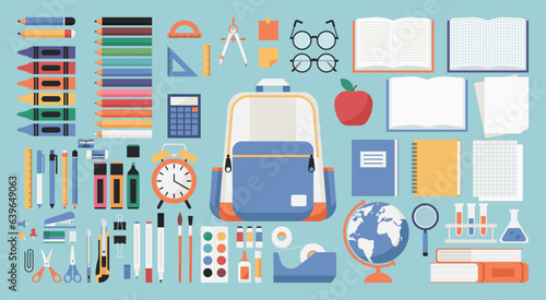 Set of Essential Stationery, Back to School Supplies Arrangement for Students, Learning Tools Composition for Education Concept, Vector Flat Design Illustration