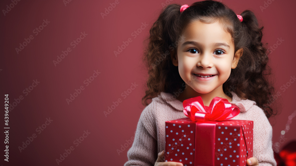 Happy smiling girl holding gift box on a colored background Happy smiling girl holding gift box on a colored background