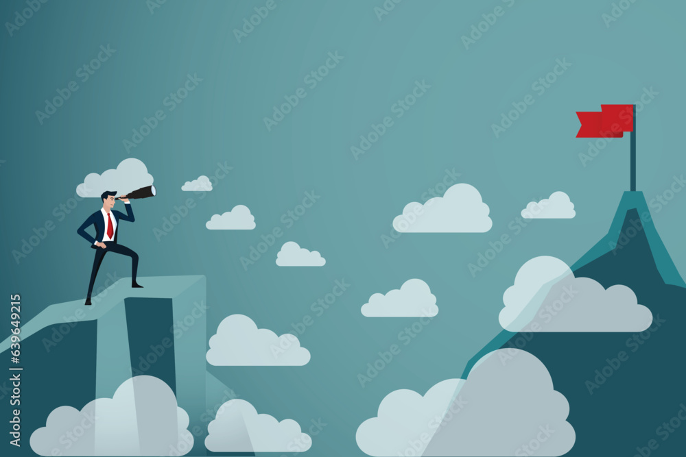 Businessman standing looking flag on top mountain, Concept business vector illustration. Businessman standing looking flag on top mountain, Concept business vector illustration.