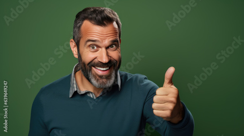 Man doing happy thumbs up gesture with hand on green background. photo