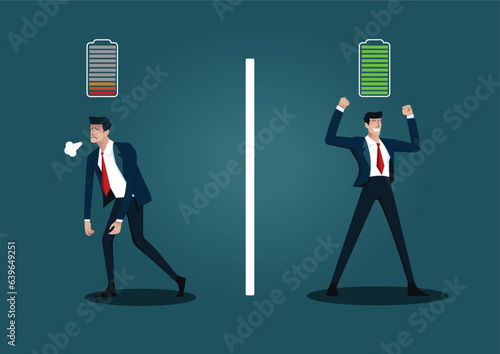 Businessman with low battery red color and Businessman with high full energy battery green color. Concept business vector illustration.