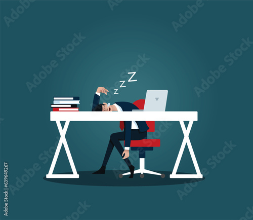 Tired businessman fell asleep on the table. Concept business vector illustration.