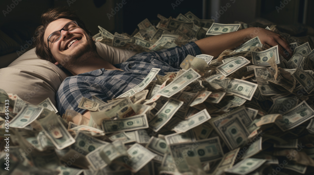 Caucasian man sleeping on a bed, a pile of money, smiling in his sleep. Created with Generative AI technology.