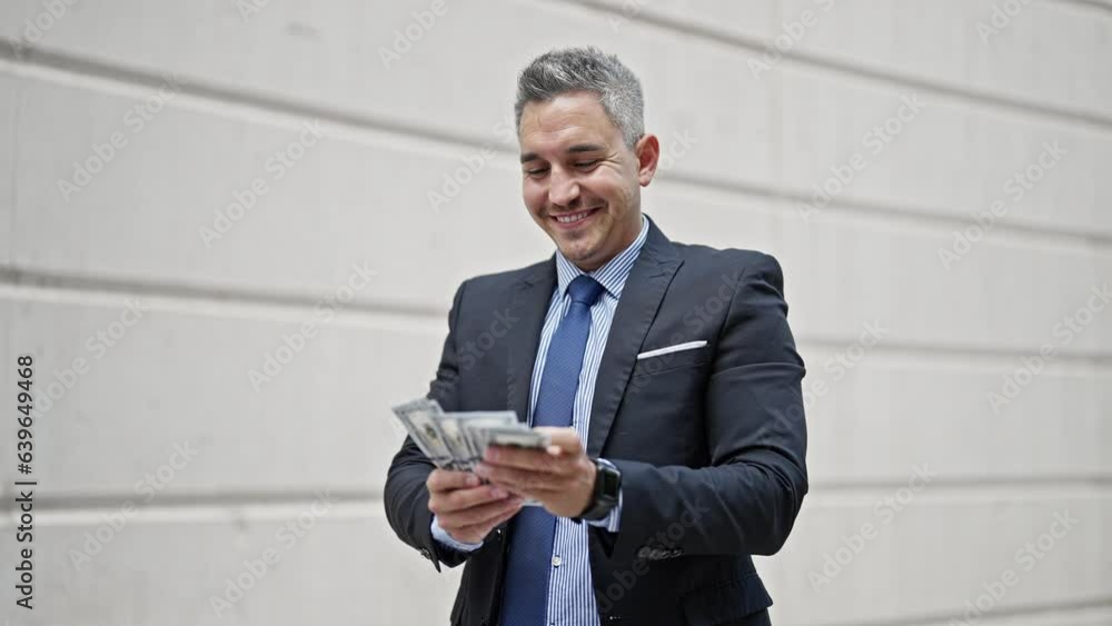 Young hispanic man business worker smiling confident counting dollars at street Young hispanic man business worker smiling confident counting dollars at street