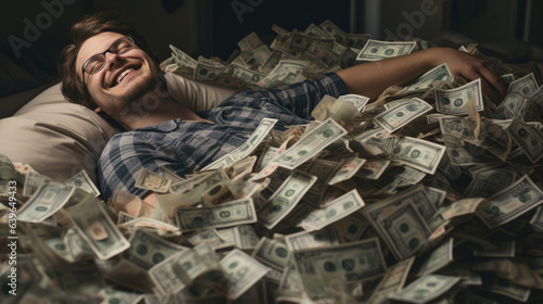Caucasian man sleeping on a bed, a pile of money, smiling in his sleep. Created with Generative AI technology.