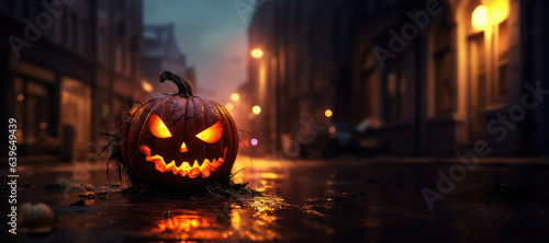 Halloween pumpkin on the street at night. Copy Space for text or product display.