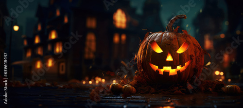 Halloween pumpkin head jack o lantern on night old town background.