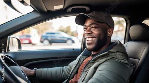 Man sits behind the wheel of a car and smiles