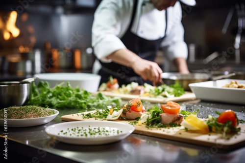 Close up of blurred male chef decorating french food in restaurant kitchen. Working concept suitable for cooking and working.