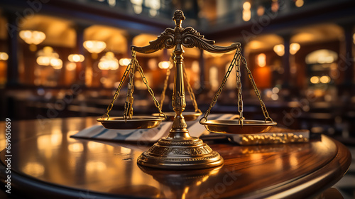 Hyperrealistic image of judge gavel and scale of justice at the court, front view, hyperrealestic, cinematic lighting, front view, wide angle, high angle, 