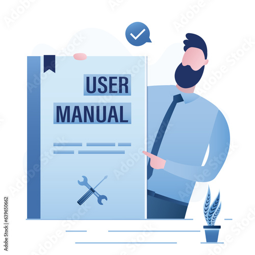 Businessman is holding user manual book. FAQ, hotline for customer assistance. Textbook, business coach helps beginners. Help line for clients, online chat
