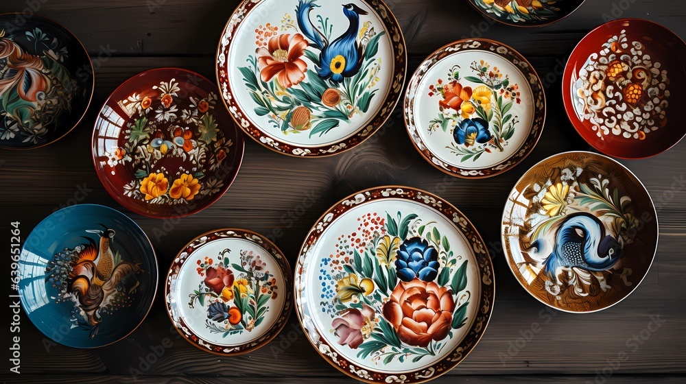 Colorful ceramic plates on a wooden background. Petrikov painting