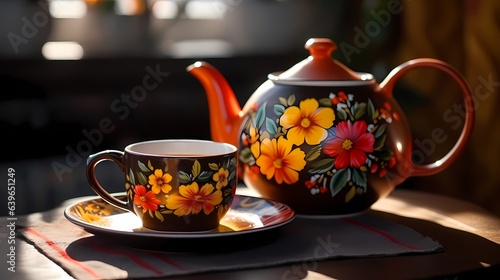 Cup of tea and teapot on a wooden table. Khokhloma