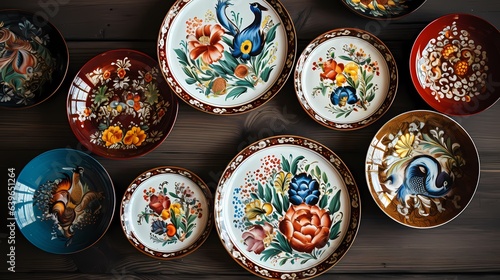Colorful ceramic plates on a wooden background. Petrikov painting © Tatiana
