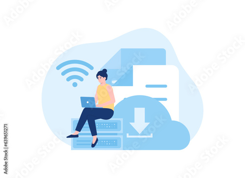 A woman inputs data into cloud storage concept flat illustration