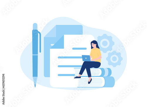 A woman is writing a thesis concept flat illustration