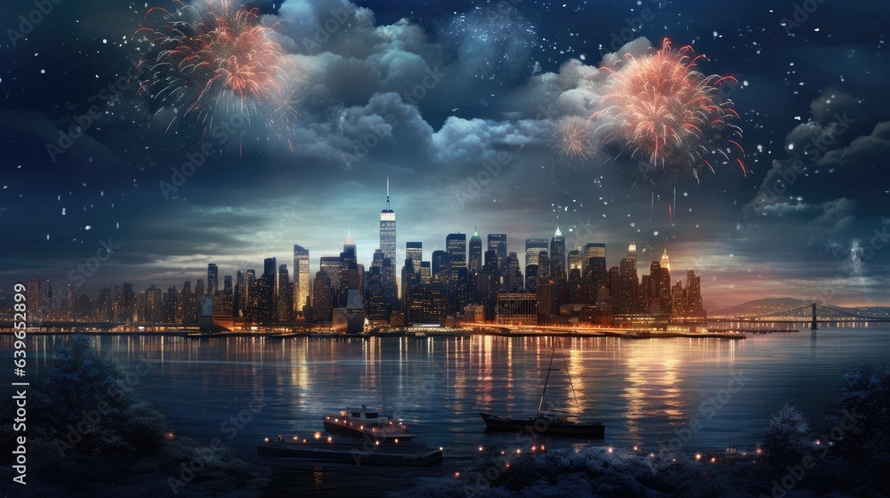 Fireworks on the city of skyline night view beautiful photography - obrazy, fototapety, plakaty 