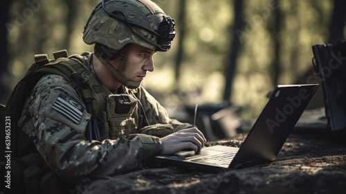 Soldier Using Laptop Computer During Military Operation in the Forest.