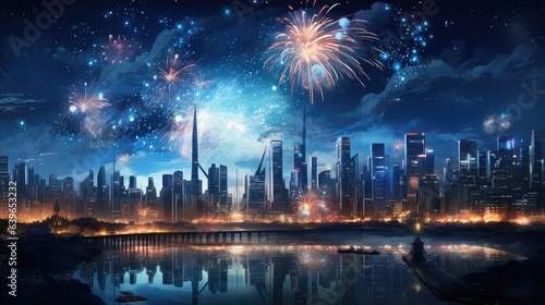 Fireworks on the city of skyline night view beautiful photography