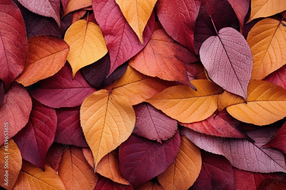 hojas de árboles en otoño con variedad de colores anaranjados, violetas y marrones