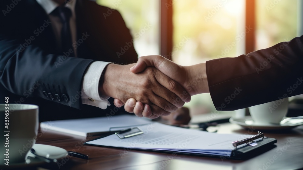 handshake between 2 businessmen for buying a house, property, on a table, paper, approval of a property project tender contract