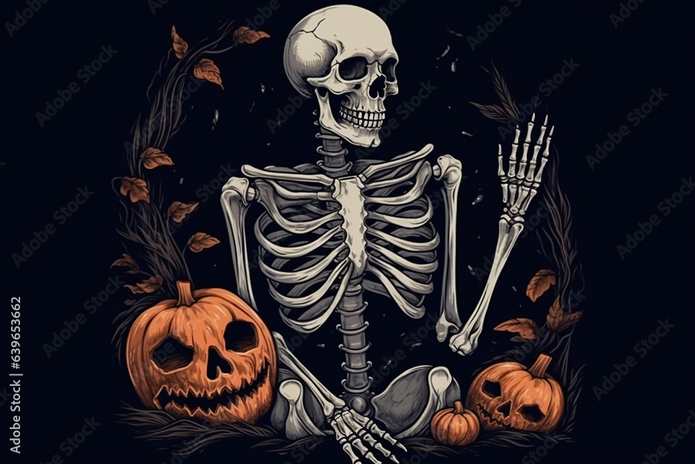 Halloween drawing of a skeleton with a pumpkin - obrazy, fototapety, plakaty 