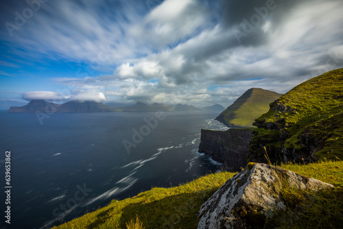 Cliffs above Gjogv looking towards Kalsoy, Faroe Islands