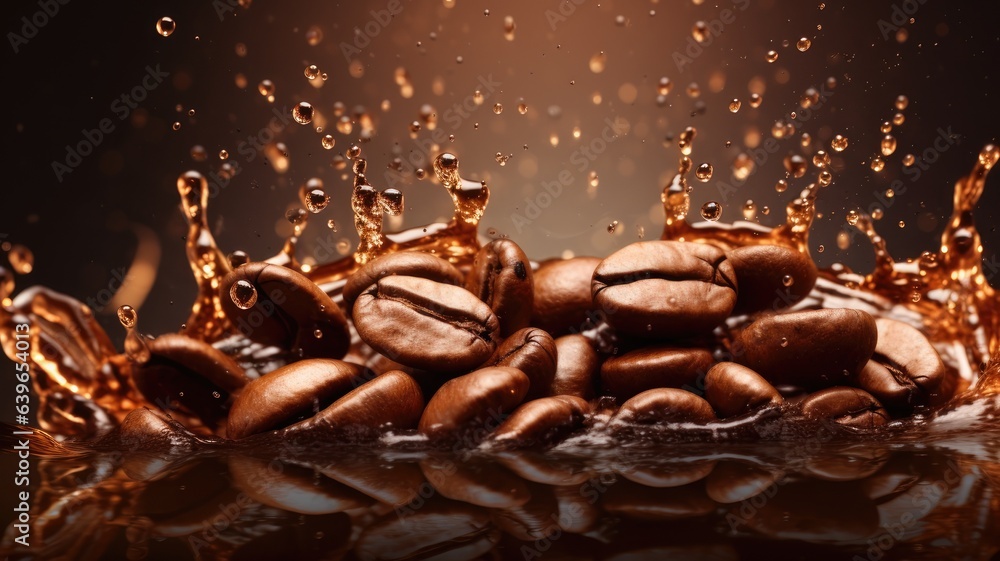 coffee beans falling on water splash, photo promotion product of coffee coffee beans falling on water splash, photo promotion product of coffee