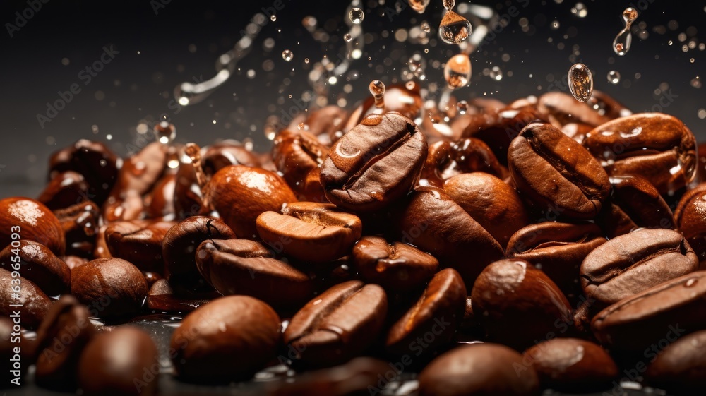 coffee beans falling on water splash, photo promotion product of coffee coffee beans falling on water splash, photo promotion product of coffee