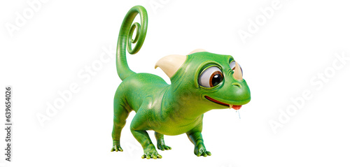 Fototapeta Naklejka Na Ścianę i Meble -  Funny character lizard or dinosaur. Cute gecko or dragon with big eyes and protruding tongue. Fictional character, 3D Render. PNG