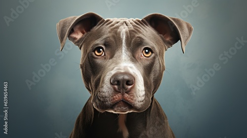  a brown and white dog looking at the camera with a blue background.  generative ai