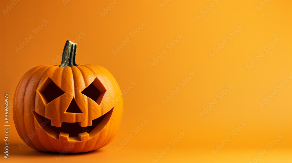 Carved halloween pumpkin on orange copyspace background. Evil Jack-o-lantern face Carved halloween pumpkin on orange copyspace background. Evil Jack-o-lantern face