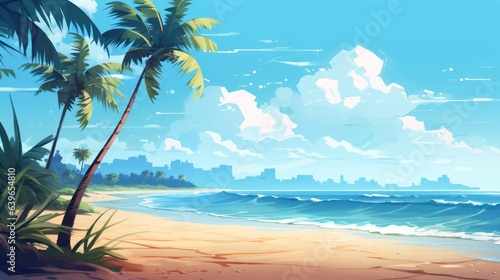 Blue sky with tropical water and young coconut palm tree on white sand beach. Summer Tropical Background.