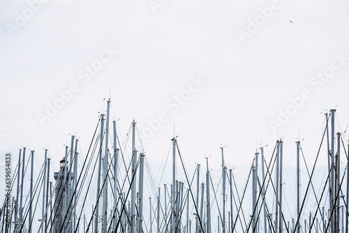 Vue sur des mâts de voiliers dans un port maritime de Méditerranée
