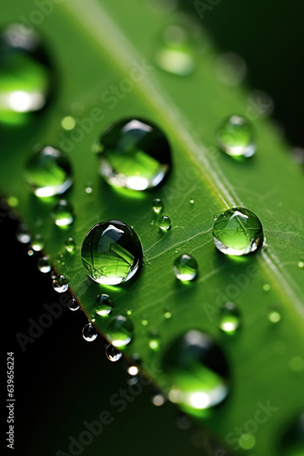 Macro shot of a raindrop on a leaf.
