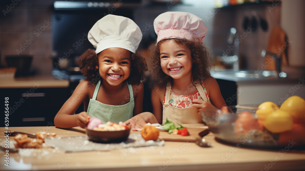 Two young girls, one of African American descent and the other Caucasian, share a strong friendship as they collaborate in a contemporary kitchen to prepare a meal. Two young girls, one of African American descent and the other Caucasian, share a strong friendship as they collaborate in a contemporary kitchen to prepare a meal.