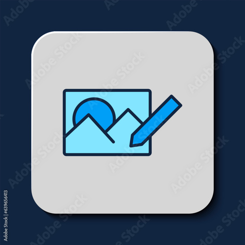 Filled outline Photo retouching icon isolated on blue background. Photographer, photography, retouch icon. Vector