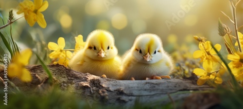 Billede på lærred Happy Easter holiday greeting card background - Closeup of two sweet chicks with