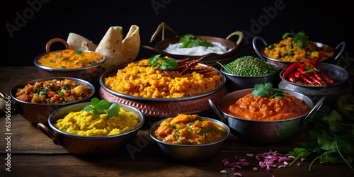 A variety of Indian cuisine, including curry, beautifully presented on a dark wooden background.
