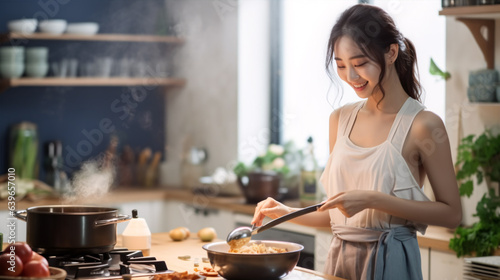Beautiful asian woman cooking at kitchen with smile.