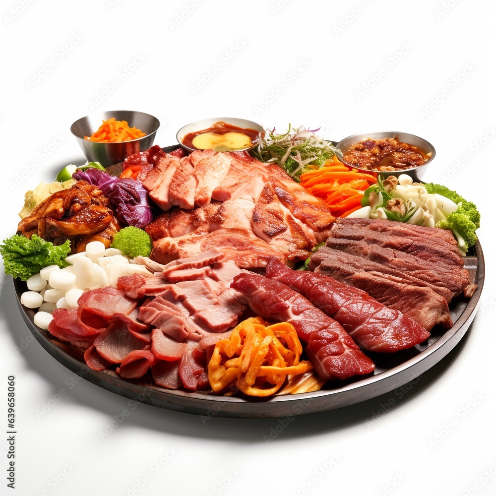 Korean Sizzling Delights: Top-Down Image of a Korean BBQ Feast Isolated Against White Korean Sizzling Delights: Top-Down Image of a Korean BBQ Feast Isolated Against White