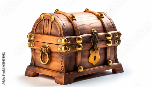 Leinwand Poster Vintage glowing wooden treasure box isolated on white