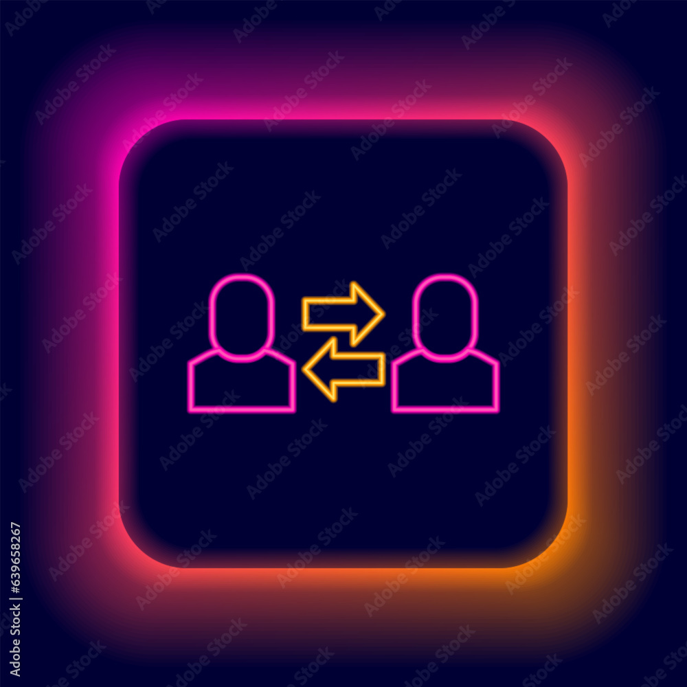 Glowing neon line Exchange work icon isolated on black background. Information exchange between people. Employee or people Replacement or swap position concept. Colorful outline concept. Vector Glowing neon line Exchange work icon isolated on black background. Information exchange between people. Employee or people Replacement or swap position concept. Colorful outline concept. Vector
