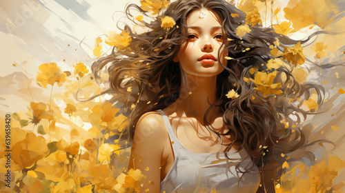 Sommerliche Schönheit: Gelbe Blumen und lächelnde Frau photo