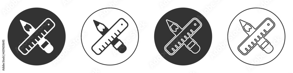 Black Crossed ruler and pencil icon isolated on white background. Straightedge symbol. Drawing and educational tools. Circle button. Vector Black Crossed ruler and pencil icon isolated on white background. Straightedge symbol. Drawing and educational tools. Circle button. Vector