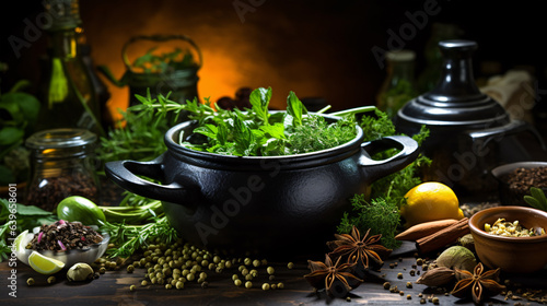 On a weathered table  a cast iron pot brims with fresh herbs  spices  and cooking tools  ready for delicious homemade dishes. The dark background provides plenty of room for text.