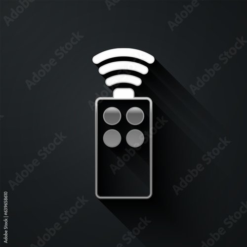 Silver Remote control for the camera icon isolated on black background. An auxiliary device that allows you to work with a camera from a distance. Long shadow style. Vector