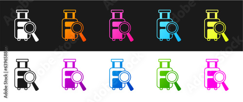 Set Airline service of finding lost baggage icon isolated on black and white background. Search luggage. Vector